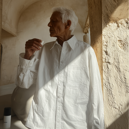 Man wearing a white shirt in a sunlit room with stone walls